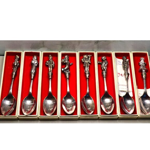 Reed & Barton Christmas Spoons Set of 8 Vintage Figurine Handles Boxed NOS 1980s - Picture 1 of 9